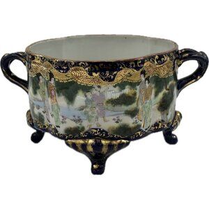 Antique Vtg Japanese Jardiniere Planter Kutani Marked Handles Flower Pot Satsuma